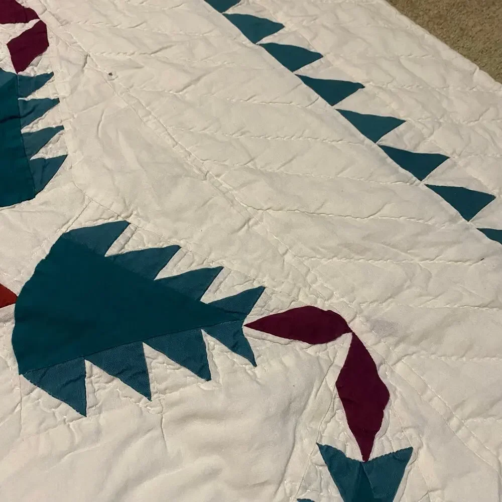 Vintage Patchwork Quilt Set 2 Shams Twin Full Cream Green Red Cotton Bedding